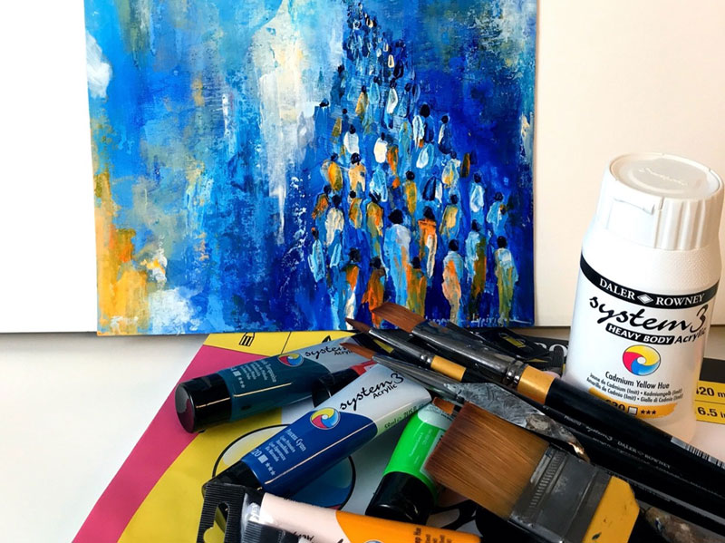 Painting “Balancing Blue” with System 3 Acrylics from Daler Rowney on A3 System3 Acrylic Artboard