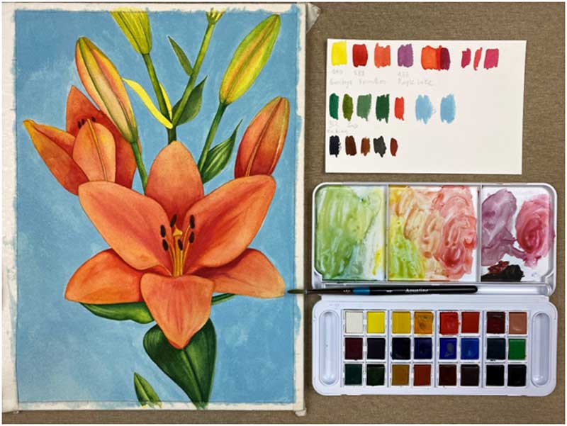 Coloring “Lilies” flowers with Aquafine aquarelle & Simply Watercolor Pad of Daler Rowney!