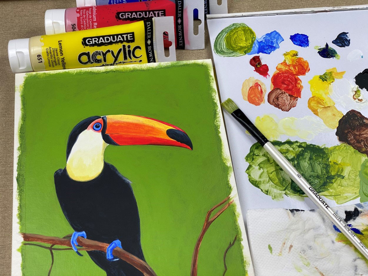 Coloring a tropical Tucan bird with acrylic colors Graduate Acrylic of Daler Rowney
